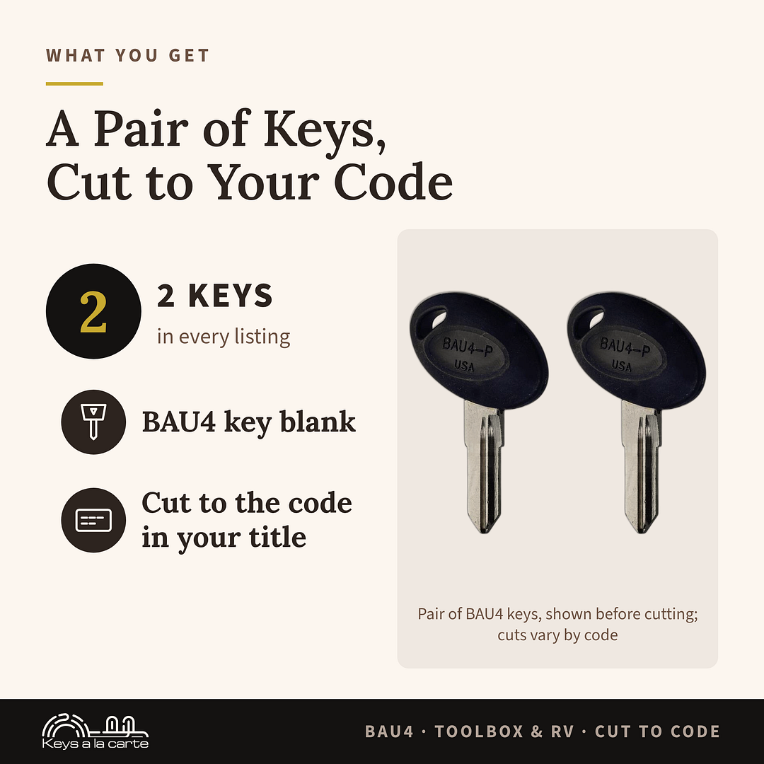 What you get: 2 double-sided keys cut to your code on the BAU4 blank