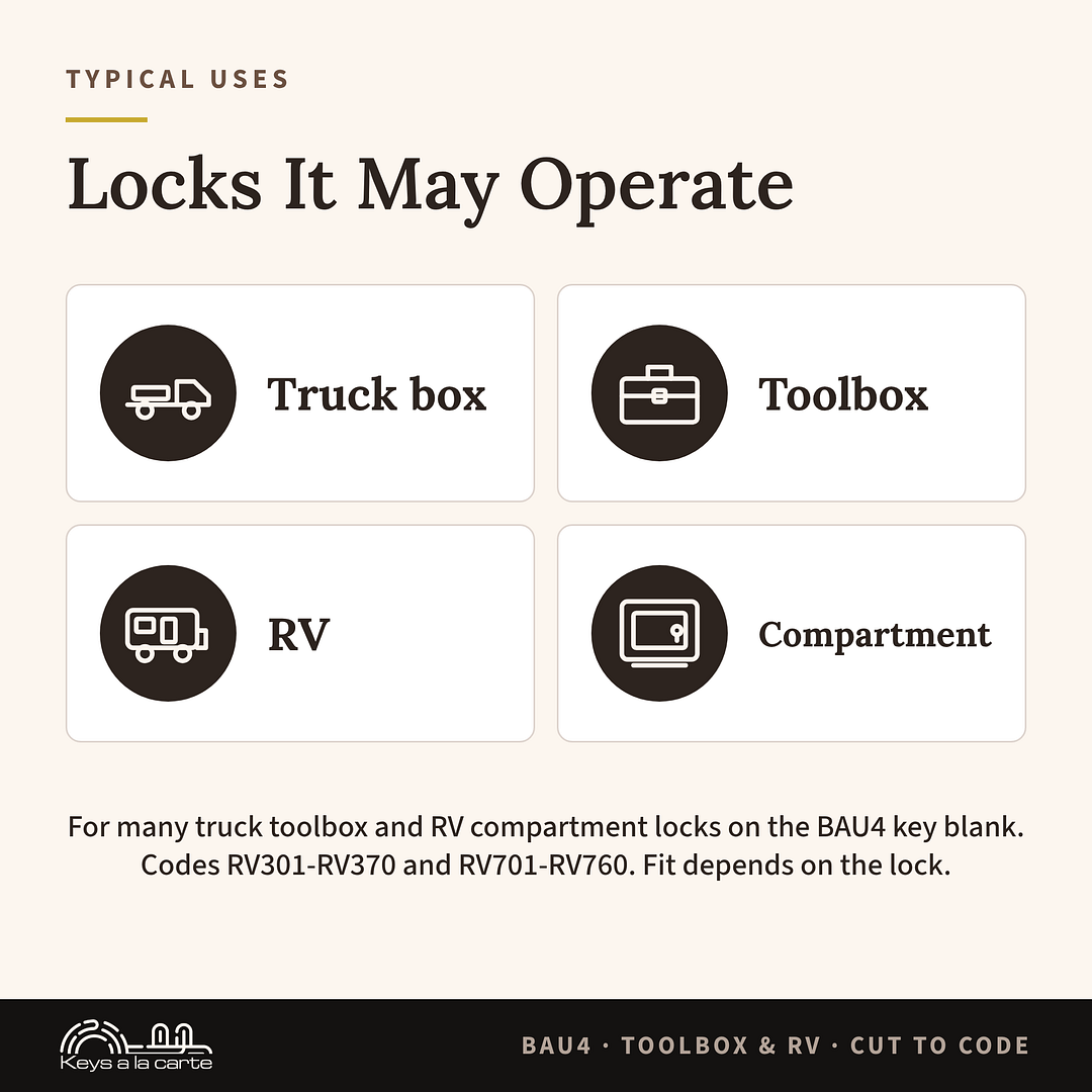 Locks the BAU4 key may operate: truck box, toolbox, RV, compartment