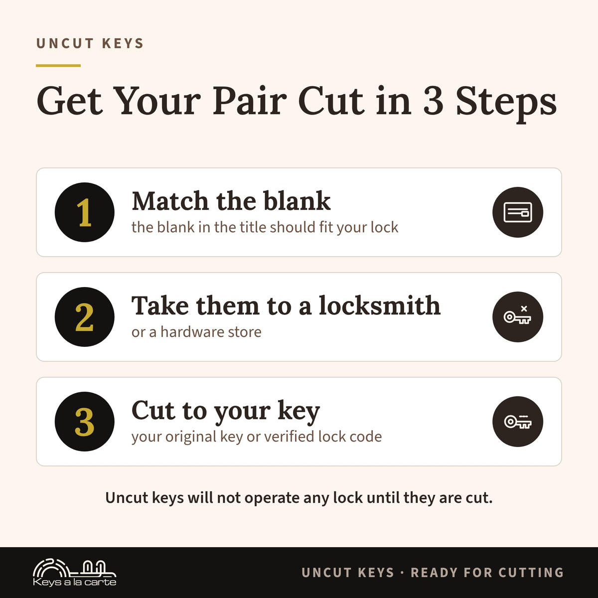 Get your key blanks cut in 3 steps: match the blank, take to a locksmith, cut to your key